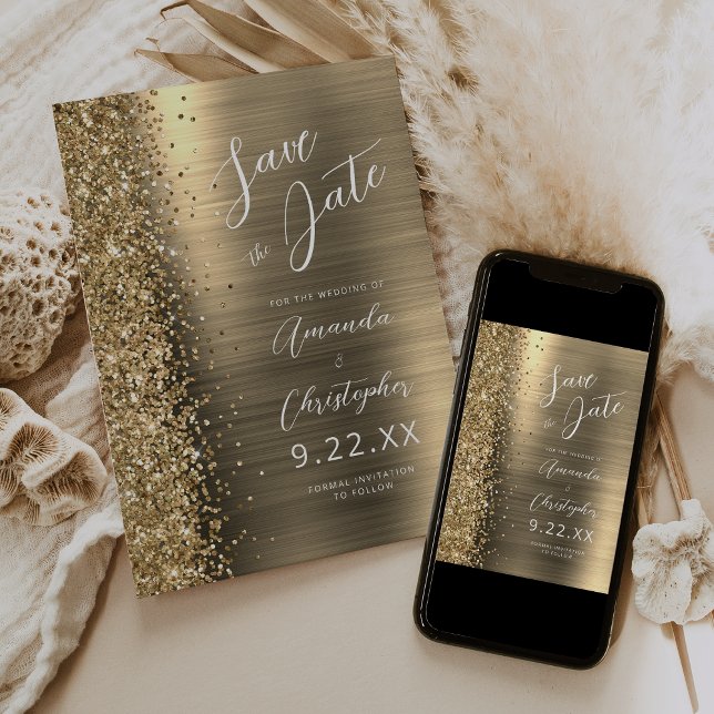 Gold Brushed Metal Script Save the Date Announcement (Creator Uploaded)