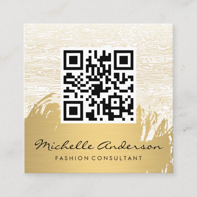Gold Brushed | Natural Gold Lines | QR Code Square Business Card (Front)
