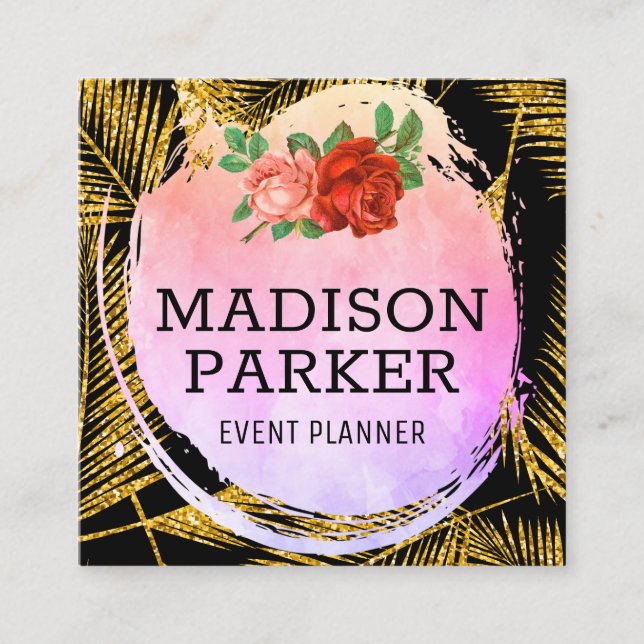 Gold Brushed Palm Leaf Pattern Square Business Card (Front)