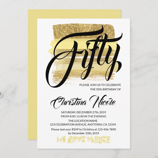 Gold Brushes Sparkly Fifty Birthday Party Trendy Invitation (Front/Back)