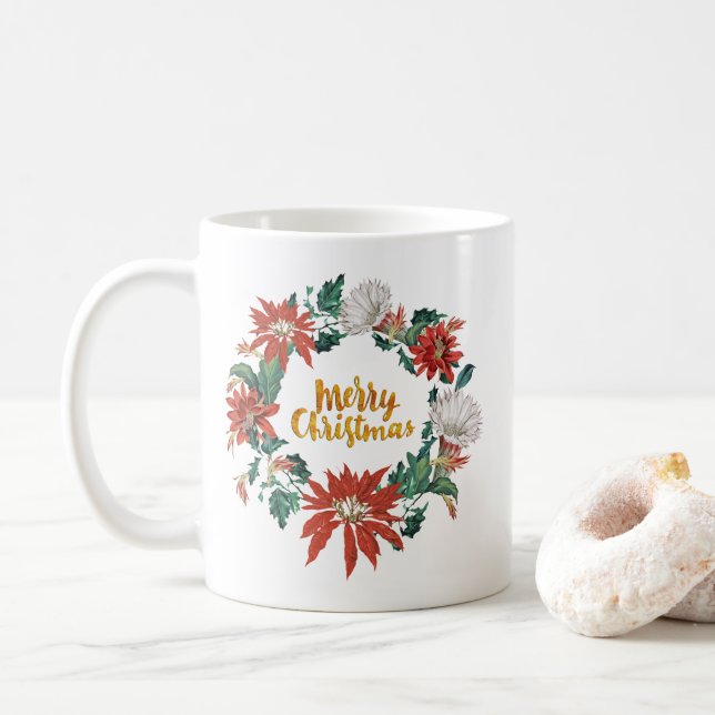 Gold Brushscript Christmas Flower Wreath Coffee Mug (With Donut)