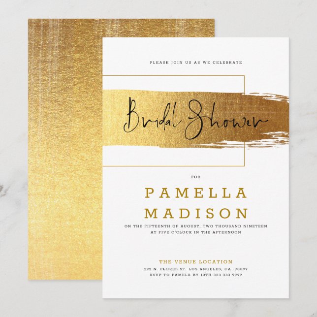 Gold brushstroke & modern black typography invitation (Front/Back)