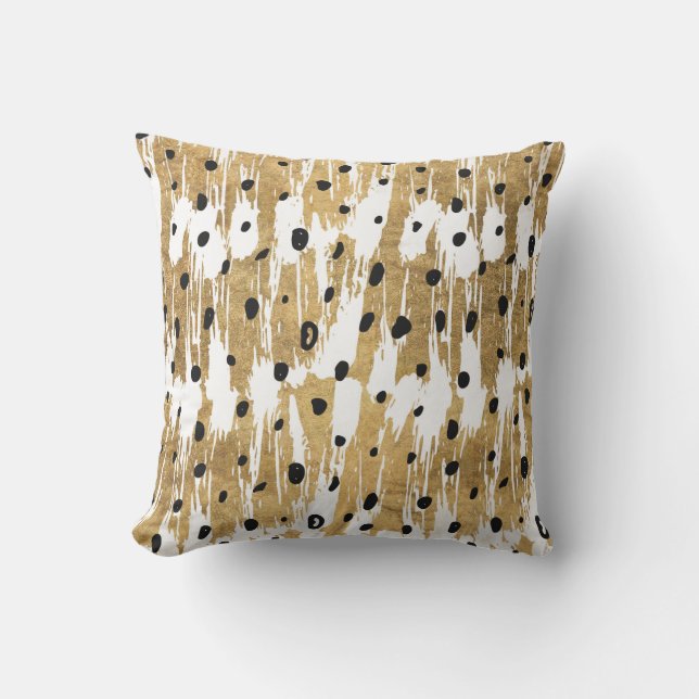 Gold Brushstrokes Modern Artsy Polka Dots Cushion (Front)