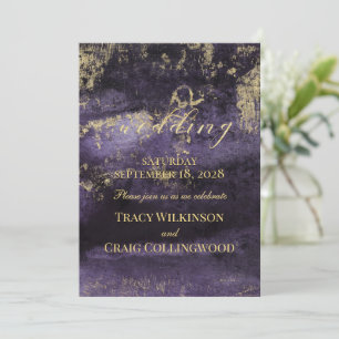 Gold Brushwork On Deep Amethyst Modern Art Wedding Invitation
