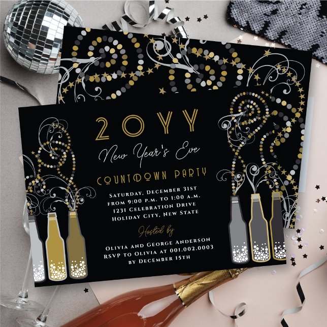 Gold Bubbly Bottles Swirls New Year's Eve Party Invitation (Gold Bubbly Bottles Swirls New Year's Eve Party Invitation @ fat_fa_tin)