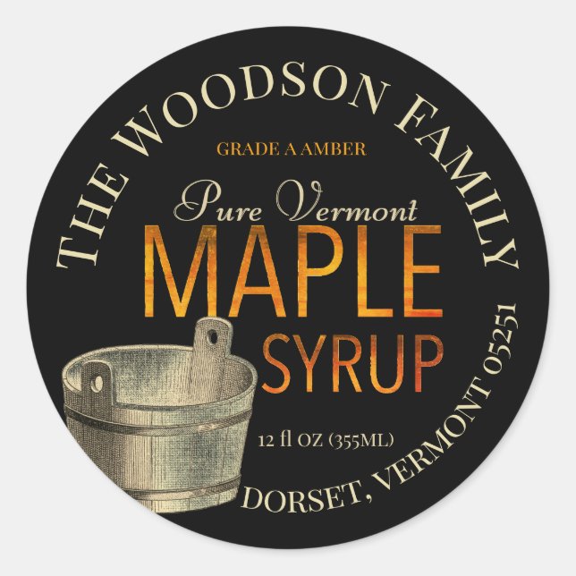 Gold Bucket Maple Syrup Label on Black (Front)