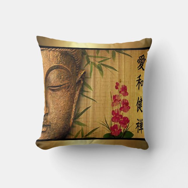 Gold Buddha Green Leaves & Red Flowers Cushion (Front)