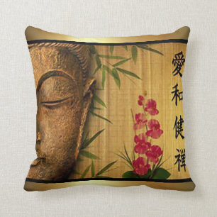 Gold Buddha Green Leaves & Red Flowers Cushion