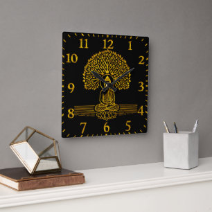 Gold Buddha Under a Tree With Lotus Flower Square Wall Clock