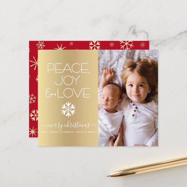 Gold Budget Christmas Photo Peace Joy Love Card (Front/Back In Situ)