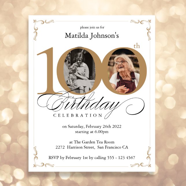 Gold Budget Photo 100th Birthday Party Invitation (Mockup View)