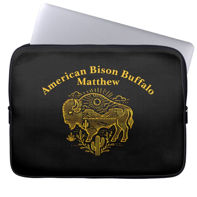 Gold Buffalo Grazing Under The Sun Near Mountains Laptop Sleeve (Front)