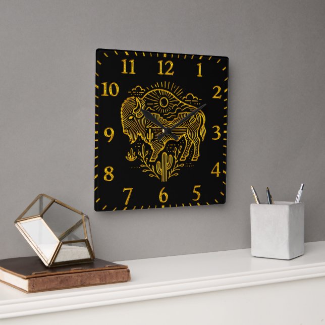 Gold Buffalo Grazing Under The Sun Near Mountains Square Wall Clock (Office)