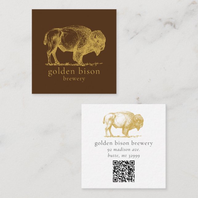 Gold Buffalo QR Code Brown Square Biz Card (Front/Back)