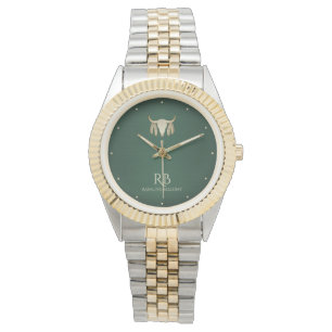 Gold Buffalo Skull Green Metallic Watch