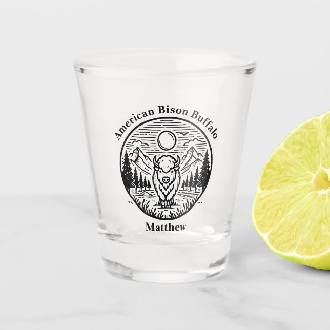 Gold Buffalo Stands Majestically in Nature Scene Shot Glass (Front)