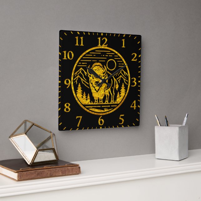 Gold Buffalo Stands Majestically in Nature Scene Square Wall Clock (Office)