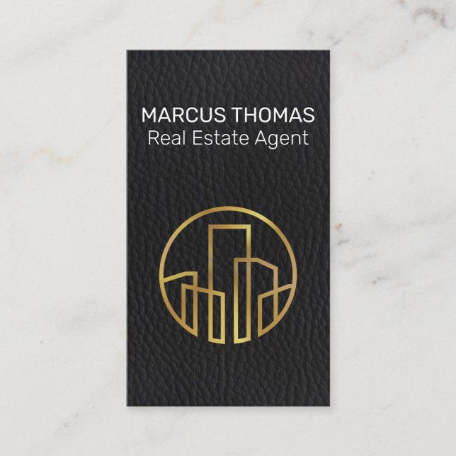 Gold Building | Black Leather Background Appointment Card (Front)
