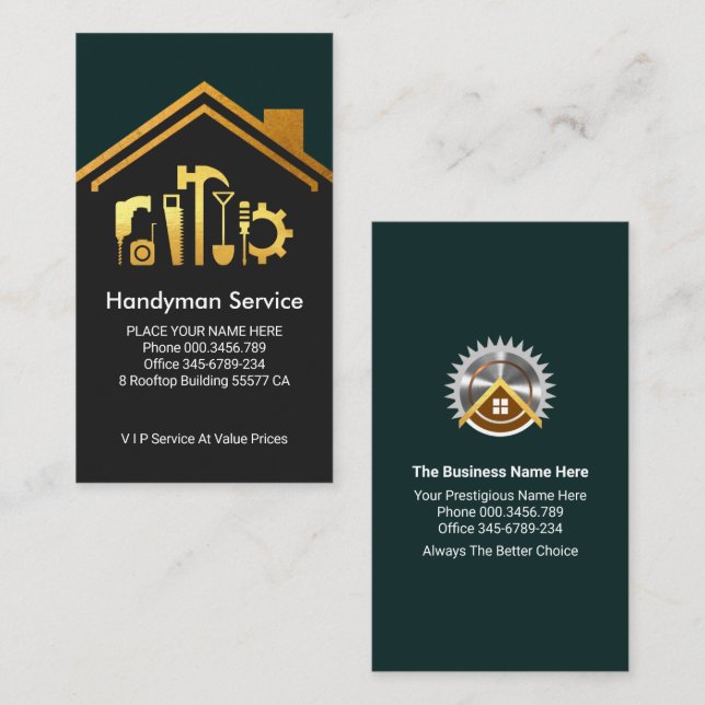 Gold Building Rooftop Roofer Business Card (Front/Back)
