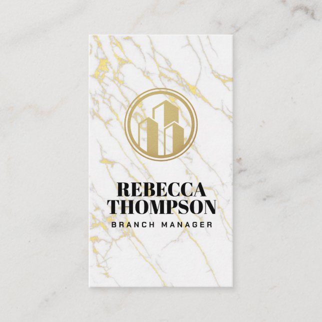 Gold Buildings Logo | White Marble Appointment Card (Front)