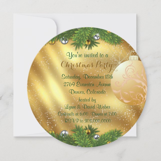 Gold Bulb Green Pine Christmas Party Invitation (Front)
