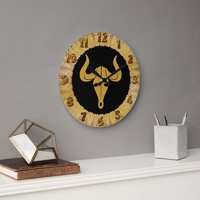 Gold bull with long horns 1 large clock (Office)