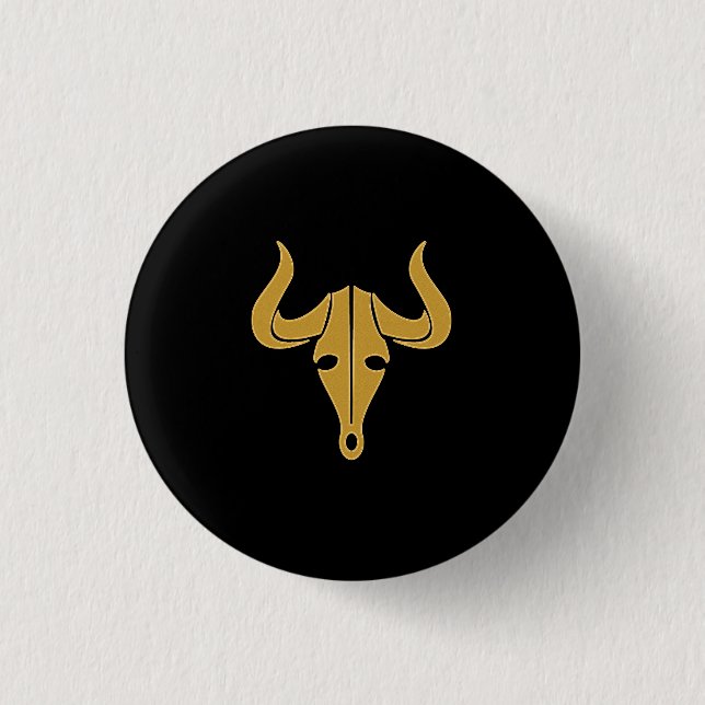 Gold bull with long horns 3 cm round badge (Front)