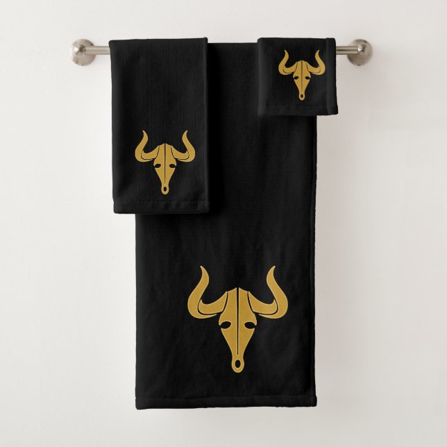 Gold bull with long horns bath towel set (Insitu)