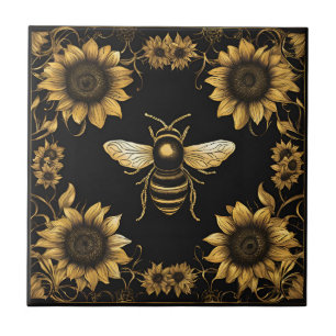 Gold Bumble Bee and Sunflowers Ceramic Tile