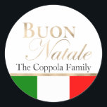 Gold Buon Natale Italian Flag Christmas Classic Round Sticker<br><div class="desc">These festive sticker labels feature an Italian Christmas theme. The phrase, "Buon Natale" is printed across the top portion in an elegant gold style font. Buon Natale is Italian for "Merry Christmas." An image of the flag of Italy is printed across the bottom. A custom family name is printed across...</div>