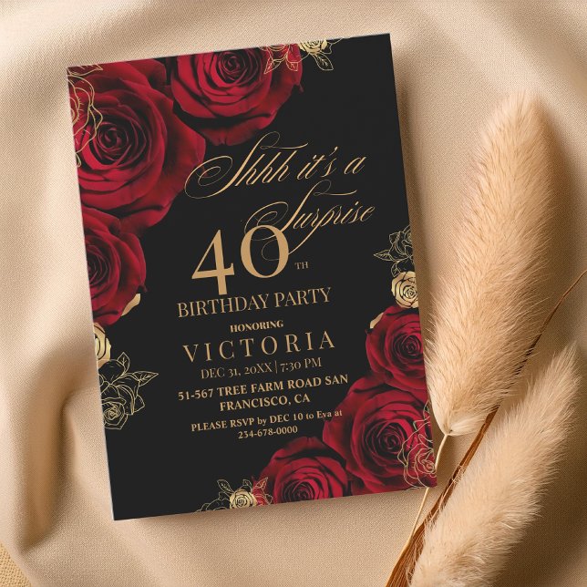 Gold Burgu Roses Surprise 40th Birthday Invitation (Creator Uploaded)