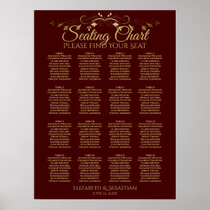 Gold & Burgundy 16 Table Wedding Seating Chart