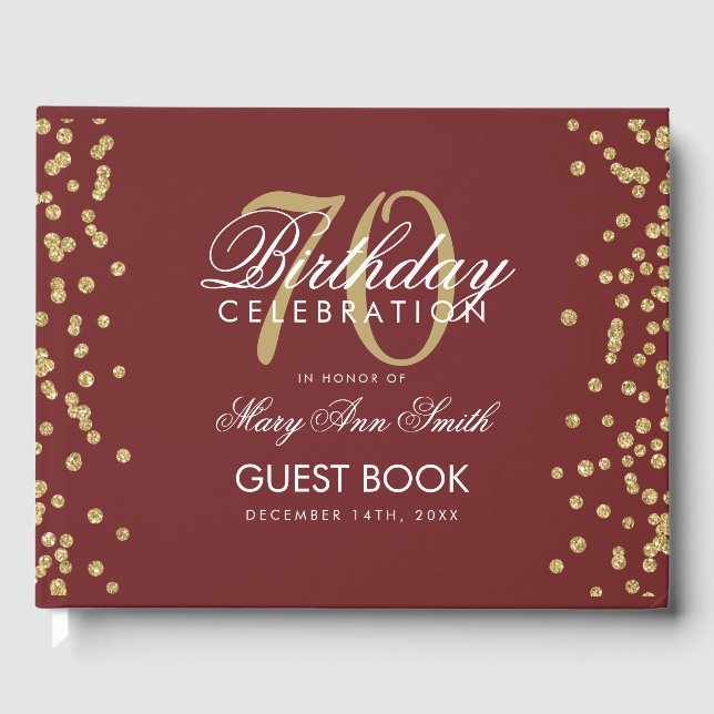 Gold Burgundy 70th Birthday Party Glitter Confetti Guest Book (Front)