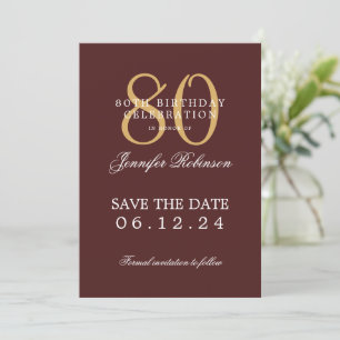 Gold Burgundy 80th Birthday Save the Date Invitation