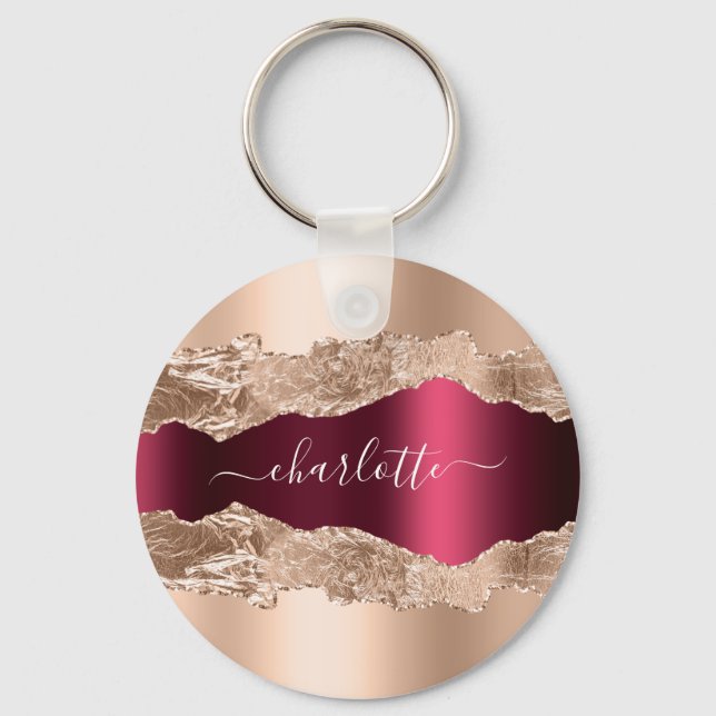Gold burgundy agate marble name script key ring (Front)