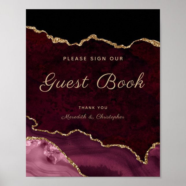 Gold Burgundy Agate Sign Guestbook Wedding Poster (Front)
