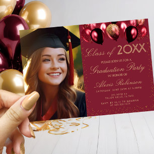 Gold Burgundy Balloons Graduation Party Photo Invitation