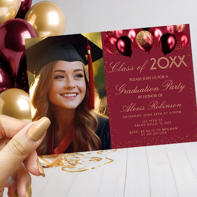Gold Burgundy Balloons Graduation Party Photo Invitation (Creator Uploaded)