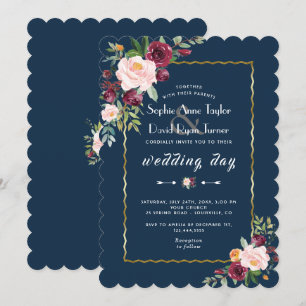 Gold Burgundy Blush Floral Navy Blue Wedding Invitation