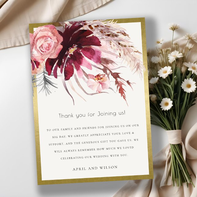 Gold Burgundy Blush Pampas Grass Wedding Thank You Card (Creator Uploaded)