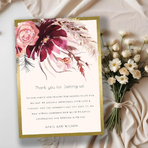 Gold Burgundy Blush Pampas Grass Wedding Thank You Card