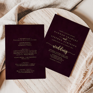 Gold Burgundy Calligraphy Front & Back Wedding   Invitation