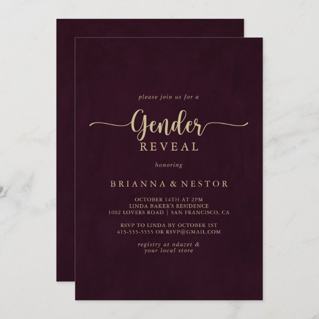 Gold Burgundy Calligraphy Gender Reveal Party  Invitation (Front/Back)