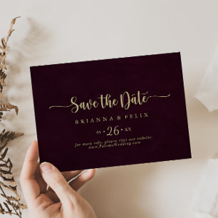 Gold Burgundy Calligraphy Horizontal Wedding Save The Date