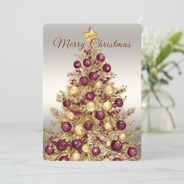 Gold Burgundy Christmas Tree Holiday Card (Standing Front)