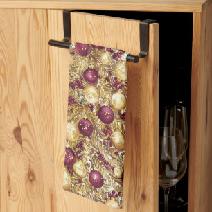 Gold Burgundy Christmas Tree Holiday Kitchen Towel