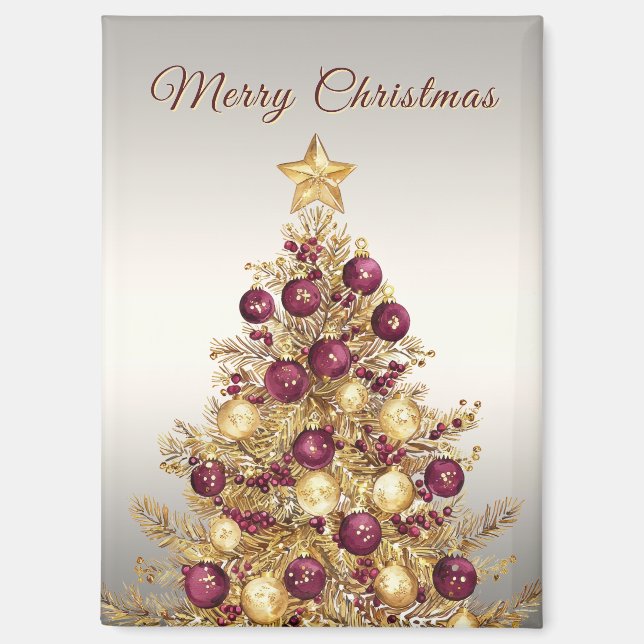 Gold Burgundy Christmas Tree Holiday Magnet (Front)