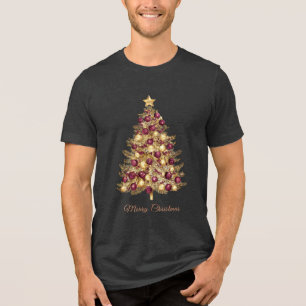 Gold Burgundy Christmas Tree Holiday Men's T-Shirt Tri-Blend Shirt