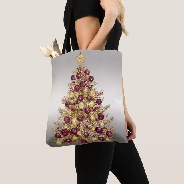 Gold Burgundy Christmas Tree Holiday Tote Bag (Close Up)