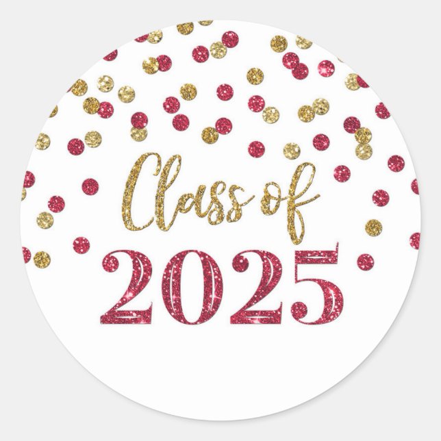 Gold Burgundy Confetti Graduation 2025 Classic Round Sticker (Front)